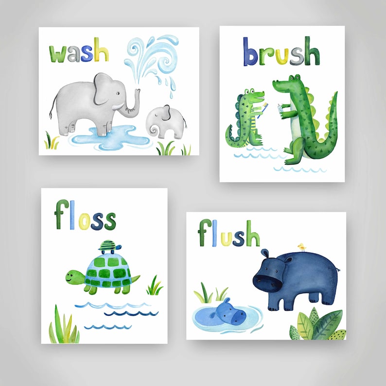 May include: Four watercolor illustrations with animal characters and the words "wash", "brush", "floss", and "flush" on a white background. The illustrations are for a bathroom or nursery.