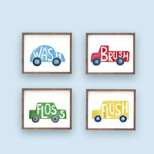 car truck bathroom wall art décor, transportation art prints, boys bathroom art, wash brush flush rules