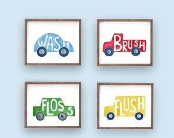 car truck bathroom wall art décor, transportation art prints, boys bathroom art, wash brush flush rules