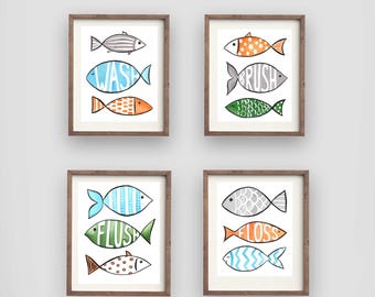 Watercolor Fish Bathroom Art Prints: Kids Bath Rules Decor