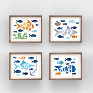 Watercolor Fish Bathroom Art Prints: Boy&#39;s Room Decor