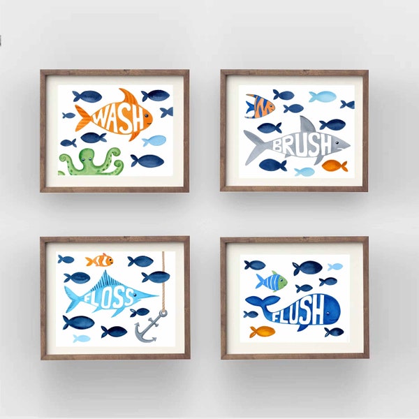 fish wall art decor for boy bathroom, kids fish bathroom art prints