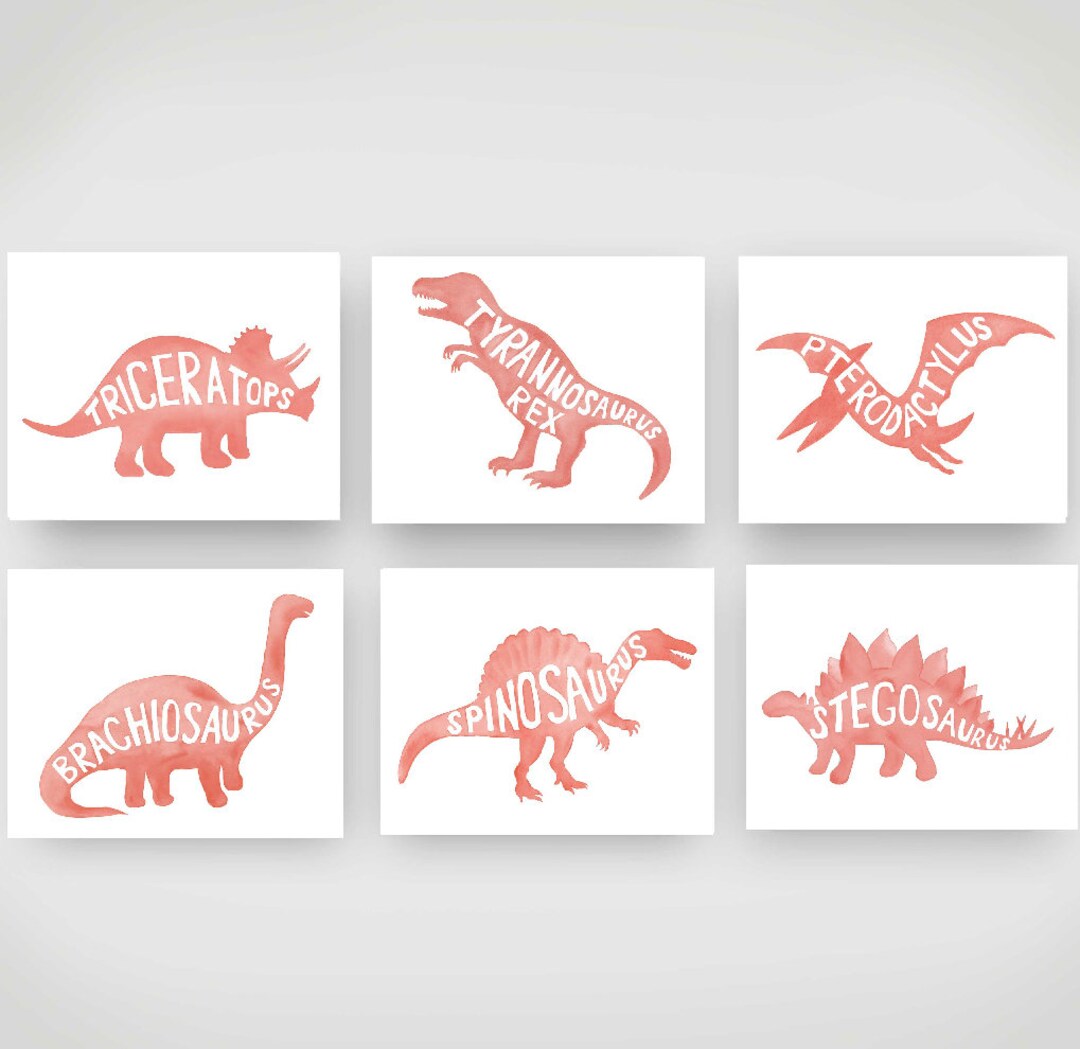Pink Dinosaur Wall Art Décor for Girls Nursery Bedroom, Blue Watercolor