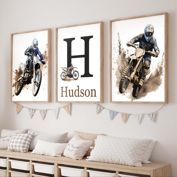 Dirt Bike Art Prints, Boy Motorcycle wall décor, motocross poster, personalized initial