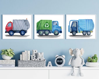 Set of 3 Garbage Trucks Art Prints, Transportation wall décor, boy nursery prints gift idea