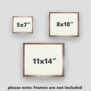 May include: Three different sized picture frames with white mats and wood frames. The frames are labeled with their dimensions: 5x7 inches, 8x10 inches, and 11x14 inches. The text "please note: frames are not included" is at the bottom of the image.