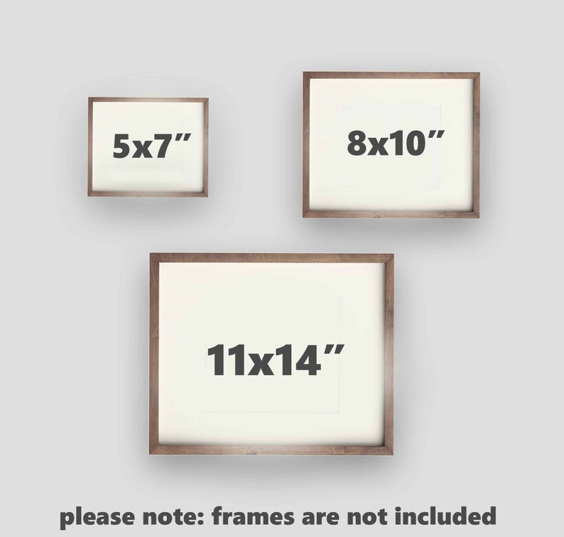 May include: Three different sized picture frames with white mats and wood frames. The frames are labeled with their dimensions: 5x7 inches, 8x10 inches, and 11x14 inches. The text "please note: frames are not included" is at the bottom of the image.