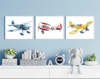 Watercolor Airplane Art Prints, Vintage Planes Boys Nursery Decor, Aviation Pictures