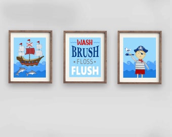 bathroom wall art décor, boy bathroom prints, pirate bathroom paintings