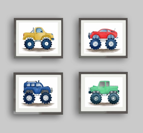 Monster Truck Wall Art Decor For Boys Transportation Bedroom Watercolor Art Prints