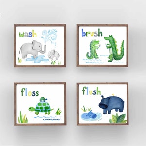 jungle animal wall art décor, kids bathroom art, wash brush flush bath rules print