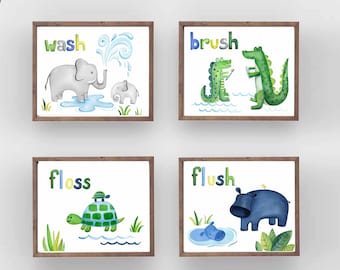 jungle animal wall art décor, kids bathroom art, wash brush flush bath rules print