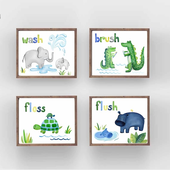 Jungle Animal Bathroom Art Prints: Safari Nursery Decor - Set of 4