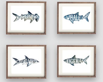 Watercolor Shark Art Prints, Set of Four Shark paintings, Wall decor