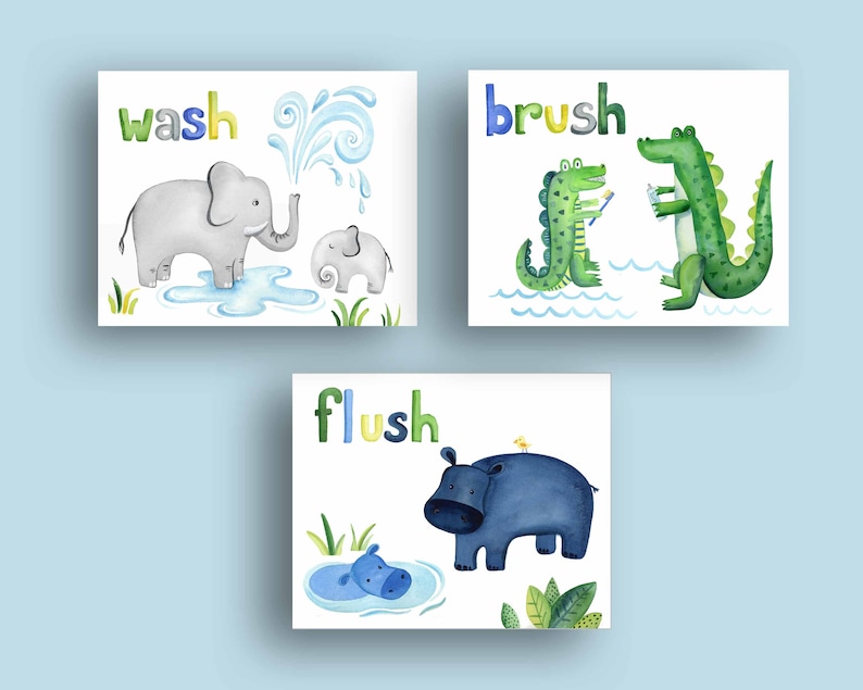 May include: Three watercolor illustrations with animal characters and text. The first illustration shows two elephants, one large and one small, with the word "wash" above them. The second illustration shows two crocodiles, one large and one small, with the word "brush" above them. The third illustration shows a hippopotamus with the word "flush" above it.
