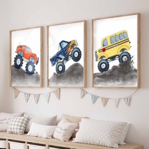 monster truck art prints, boy truck nursery bedroom wall art décor, set of 3