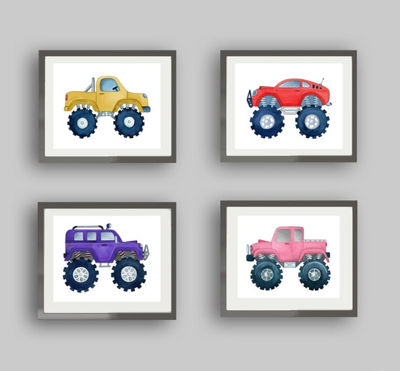 Monster Truck Wall Art Decor For Boys Transportation Bedroom Watercolor Art Prints