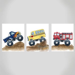 Set of three monster truck art prints, boy truck nursery bedroom wall decor, instant digital download printable