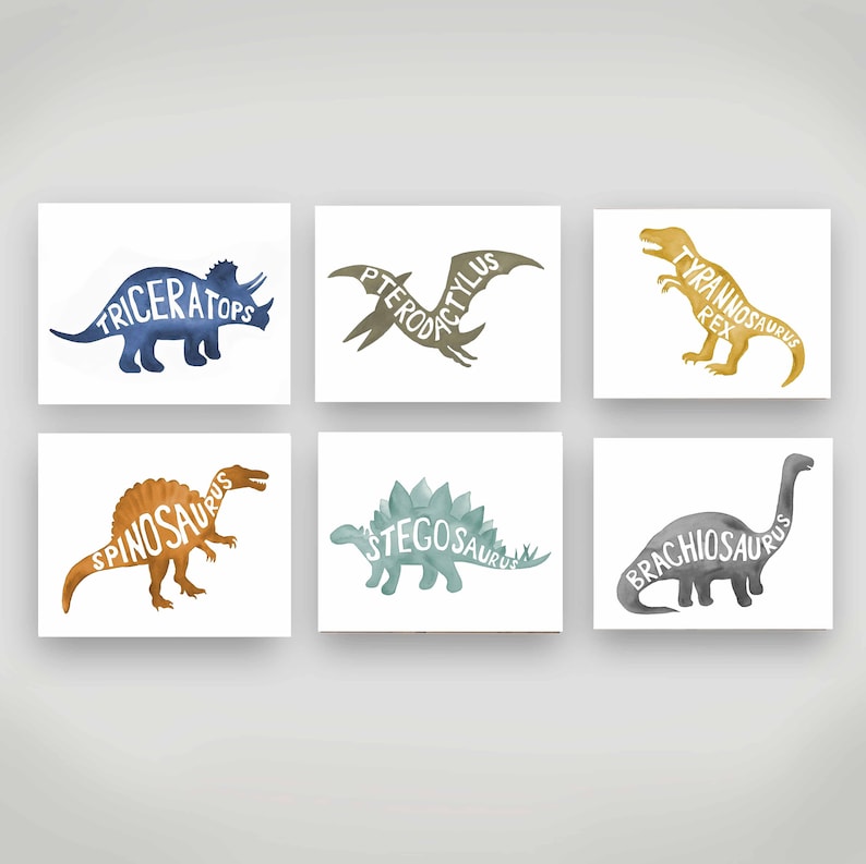 May include: Six watercolor dinosaur silhouettes on a white background. The dinosaurs are Triceratops, Pterodactyl, Tyrannosaurus Rex, Spinosaurus, Stegosaurus, and Brachiosaurus. Each dinosaur's name is spelled out within its silhouette.