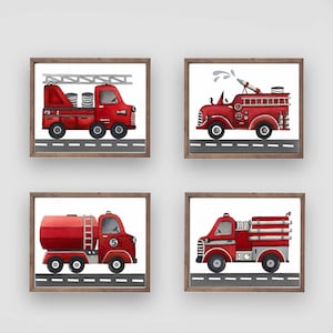 fire truck wall art décor , boy nursery art , fire truck prints, firetruck painting image 1