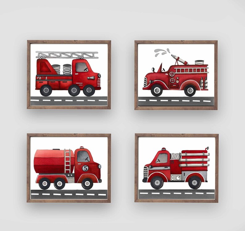 fire truck wall art décor , boy nursery art , fire truck prints, firetruck painting image 1