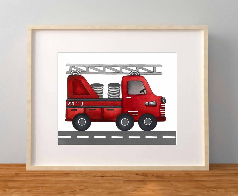 fire truck wall art décor , boy nursery art , fire truck prints, firetruck painting image 5