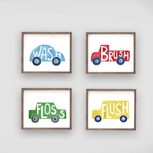 car truck bathroom art prints, transportation wall decor, boys bathroom painting, wash brush flush rules