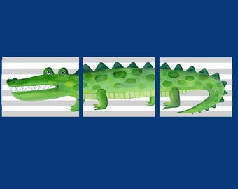 Alligator art, alligator decor, alligator boy nursery art , alligator triptych, watercolor alligator print