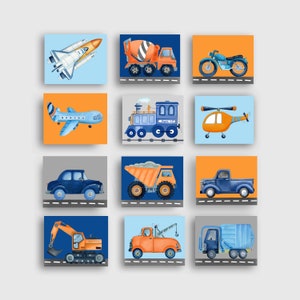 transportation wall art prints for boy bedroom or nursery, orange blue decor, original watercolor prints
