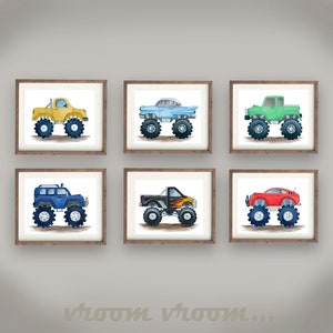 monster truck wall art decor for boys transportation bedroom, watercolor art prints, set of 6