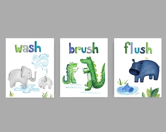 jungle animals wall art décor, kids bathroom art, wash brush flush bath rules print