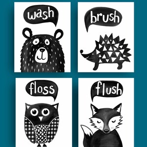 May include: Four black and white illustrations with animal characters and words related to bathroom routines. The top left image shows a bear with the word "wash" above it. The top right image shows a hedgehog with the word "brush" above it. The bottom left image shows an owl with the word "floss" above it. The bottom right image shows a fox with the word "flush" above it.