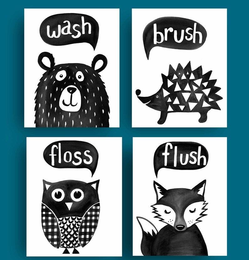 May include: Four black and white illustrations with animal characters and words related to bathroom routines. The top left image shows a bear with the word "wash" above it. The top right image shows a hedgehog with the word "brush" above it. The bottom left image shows an owl with the word "floss" above it. The bottom right image shows a fox with the word "flush" above it.