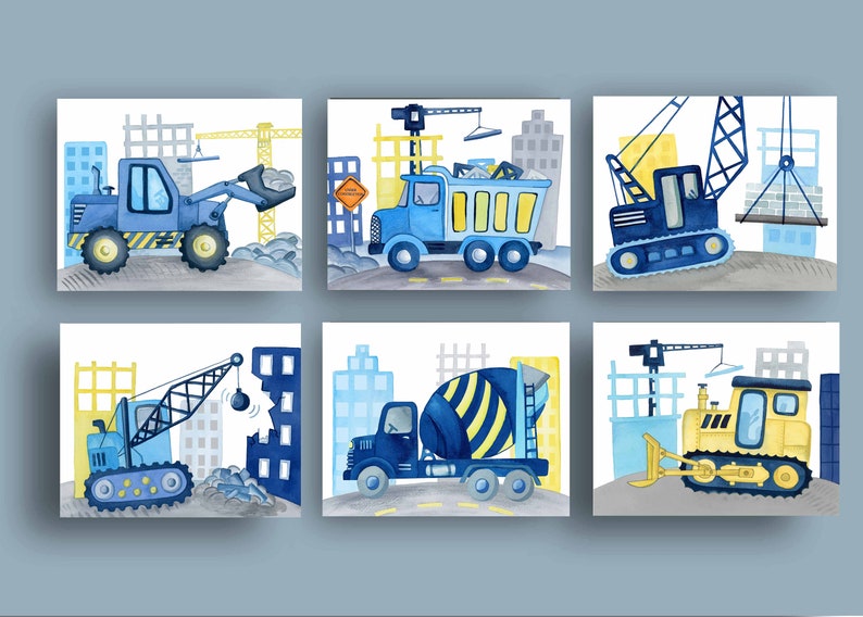Puede incluir: Seis ilustraciones de acuarela de veh&iacute;culos de construcci&oacute;n en un entorno urbano. Los veh&iacute;culos son azules, amarillos y grises. Las ilustraciones est&aacute;n sobre un fondo blanco.
