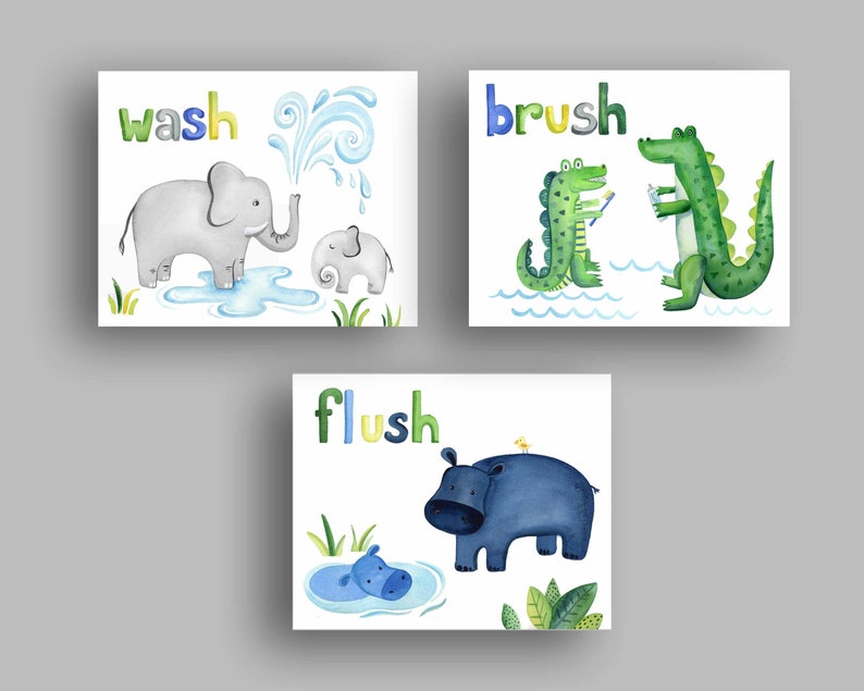 May include: Three watercolor illustrations with animal characters and the words "wash", "brush", and "flush". The illustrations are on a white background and are perfect for a bathroom.