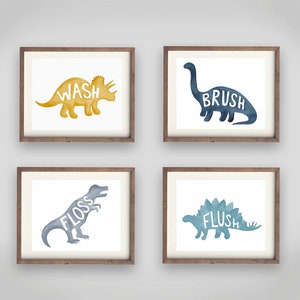 Watercolor Dinosaur Bathroom Art Prints, Boy's Room Decor, Bath Rules Wash Brush Flush