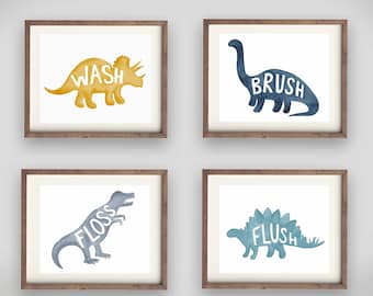 Watercolor Dinosaur Bathroom Art Prints, Boy's Room Decor, Bath Rules Wash Brush Flush