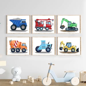 Construction Truck Art Prints, Boy Nursery Wall Decor, set of 6 Watercolor Paintings, Gift Idea