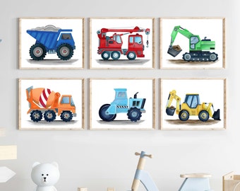 Watercolor Construction Truck Prints: Boy Nursery Decor, Set of 6