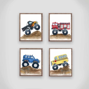 monster truck art prints, boy nursery bedroom wall art décor, set of 4