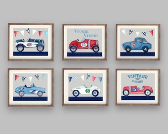 Láminas artísticas de coches de carreras antiguos: decoración para habitación infantil