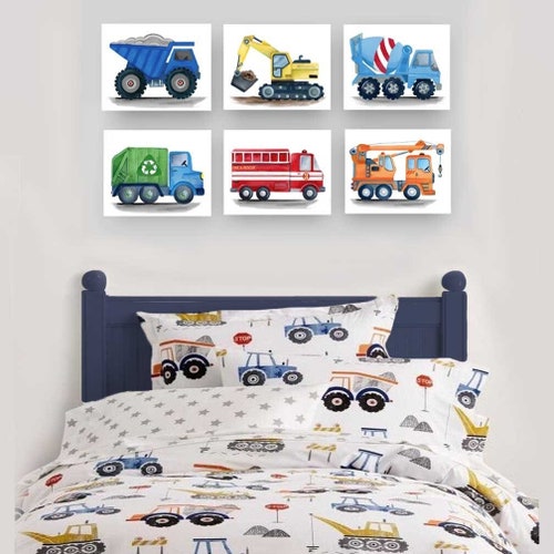 Láminas artísticas de acuarela de camiones de construcción: decoración para habitación de niño