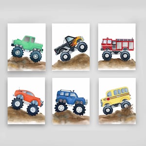 Set of 6 monster truck art prints, kids nursery printable wall décor, boy gift idea, instant digital download