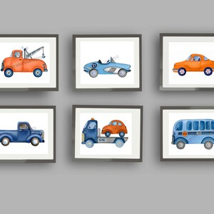 Transportation wall art decor for boy bedroom or nursery, blue orange decor image 2