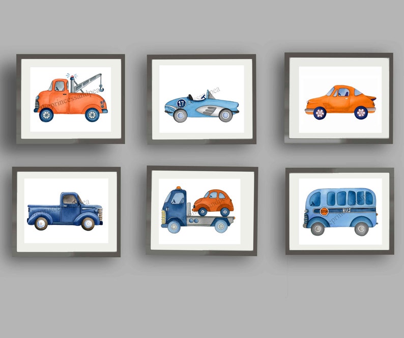 Transportation wall art decor for boy bedroom or nursery, blue orange decor image 2