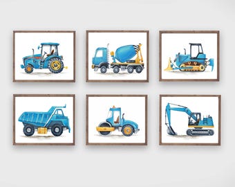 Construction Trucks Watercolor Art Prints, Boy Nursery Decor
