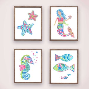 Mermaid wall art decor, baby girl nursery decor, lilly mermaid wall art prints