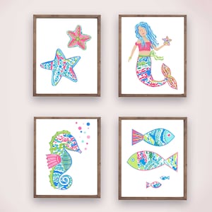 Mermaid wall art decor, baby girl nursery decor, lily mermaid wall art prints