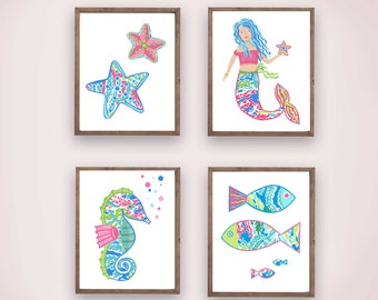 Mermaid Nursery Decor: Watercolor Art Prints for Girl's Room
