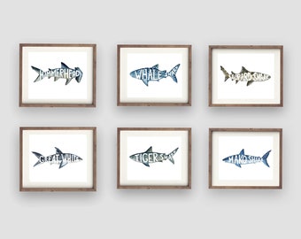 Shark wall art prints for shark bedroom bathroom, shark wall art decor